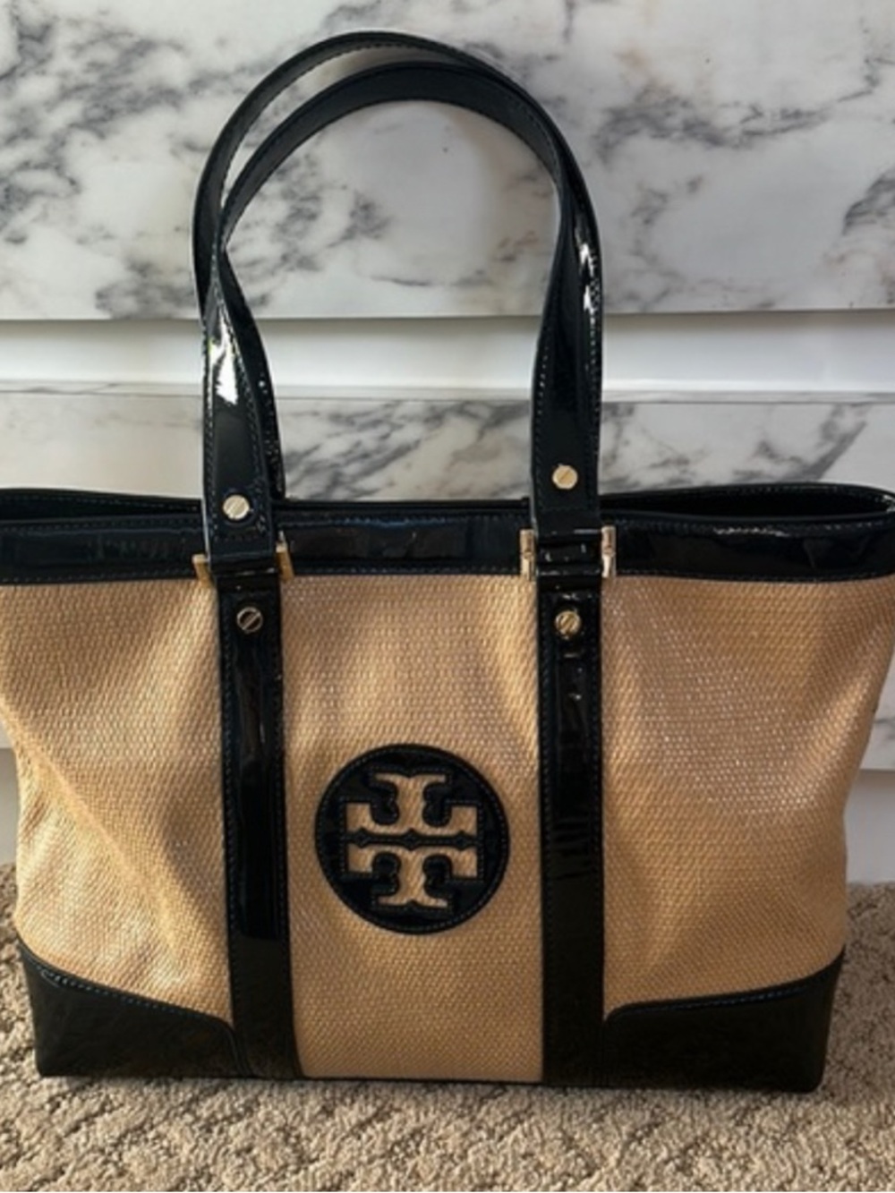 Tory Burch Beige Canvas Tote with Black Patent Trim